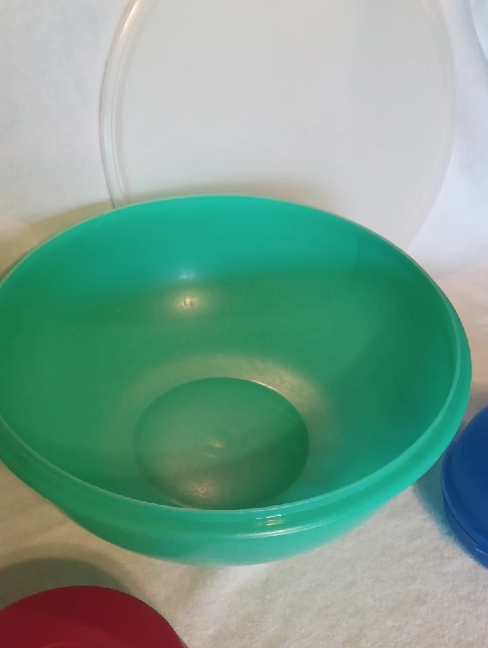 Tupperware Green Bowl with Red and Blue Snack Containers